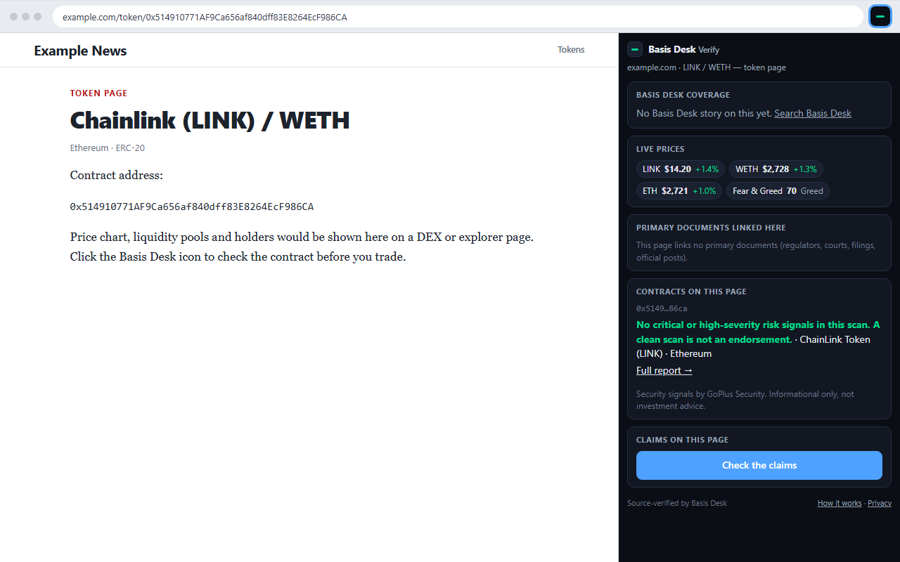 Token safety check for a contract address found on a DEX page